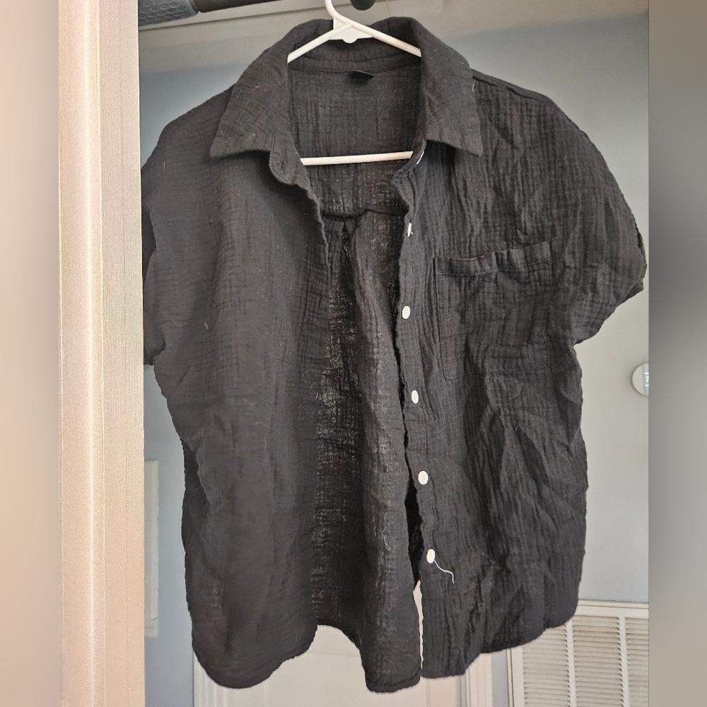 Shein Black Linen Button Down Short Sleeve Shirt